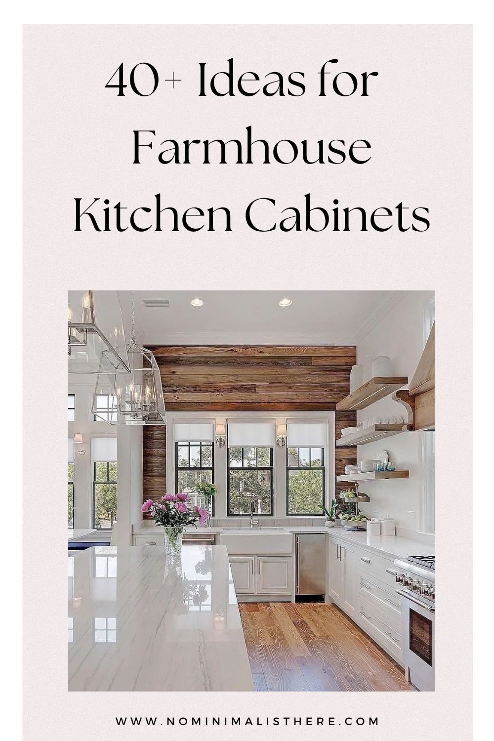 pinterest image for an article about Farmhouse kitchen cabinets