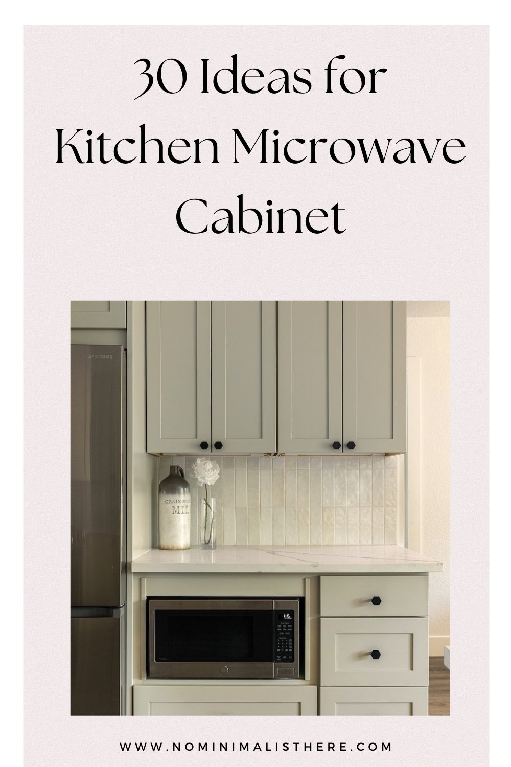 pinterest image for an article about kitchen microwave cabinets