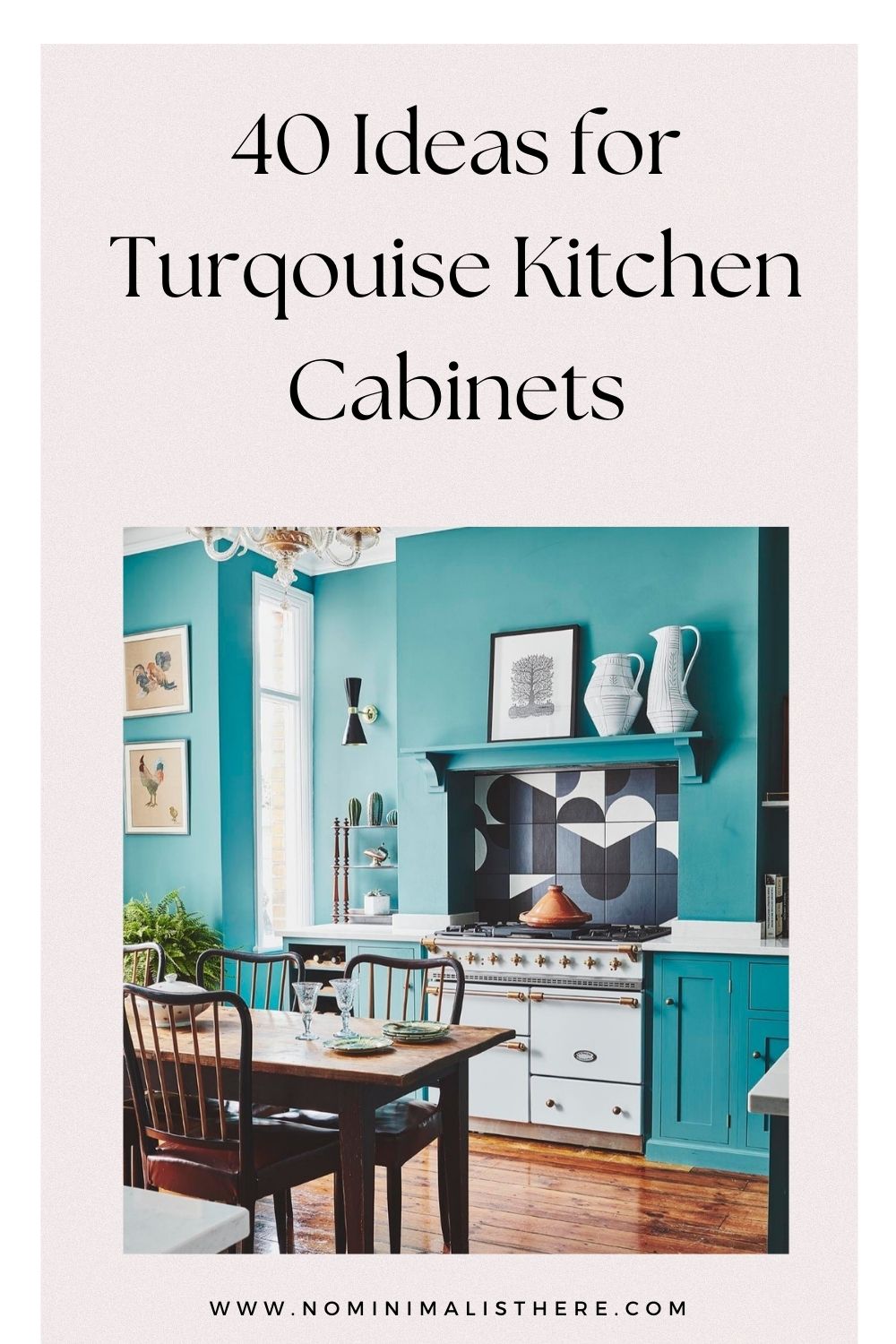 pinterest image for an article about turquoise kitchen cabinets