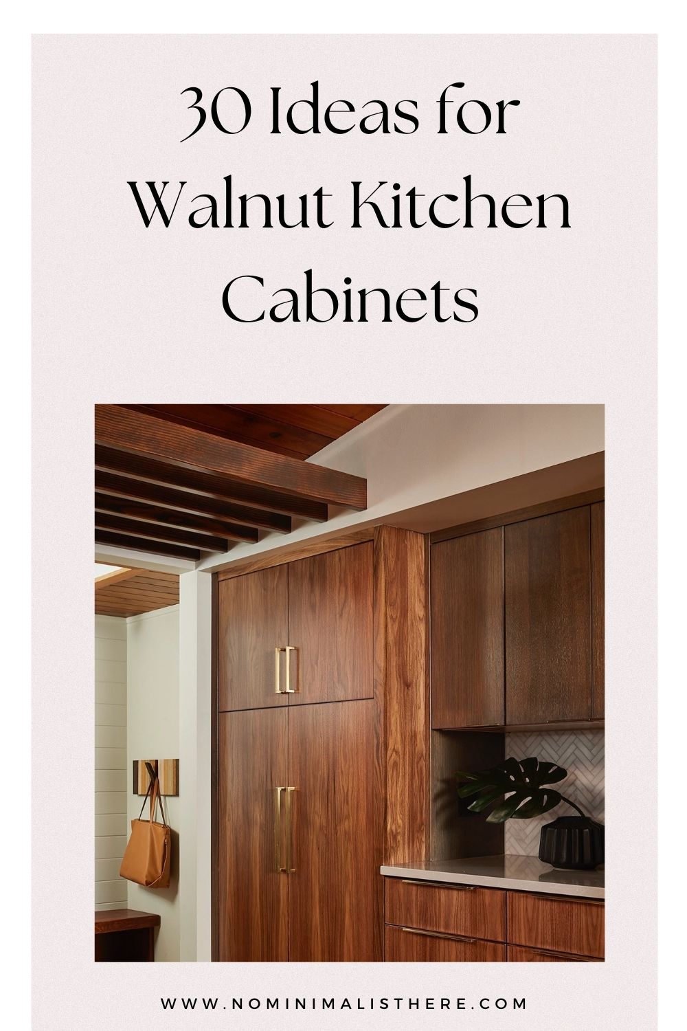 pinterest image for an article about walnut kitchen cabinets