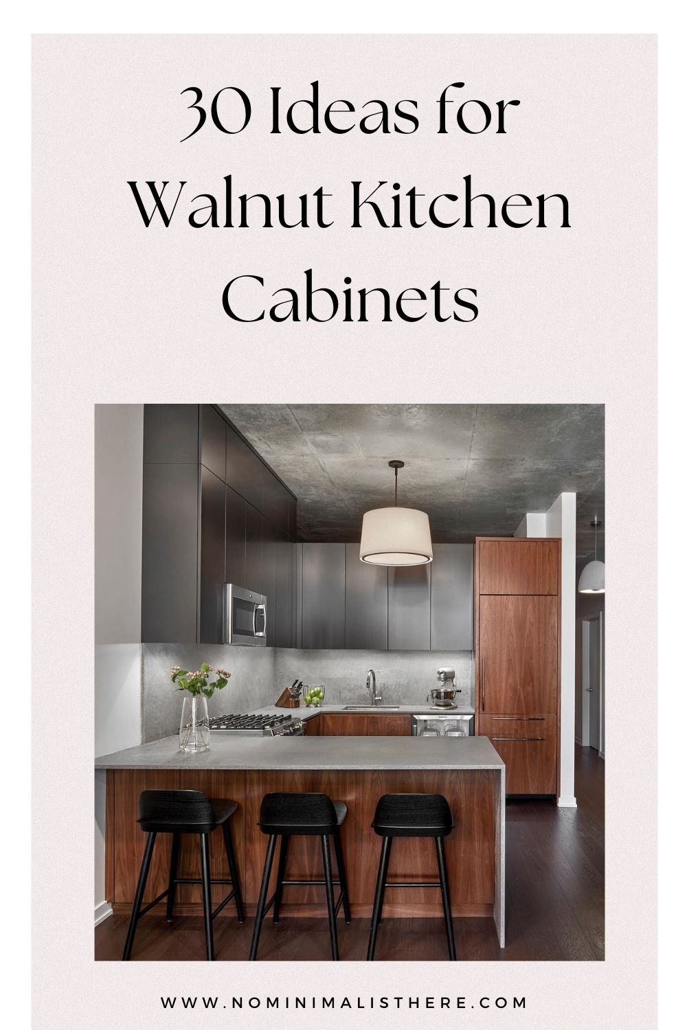 pinterest image for an article about walnut kitchen cabinets